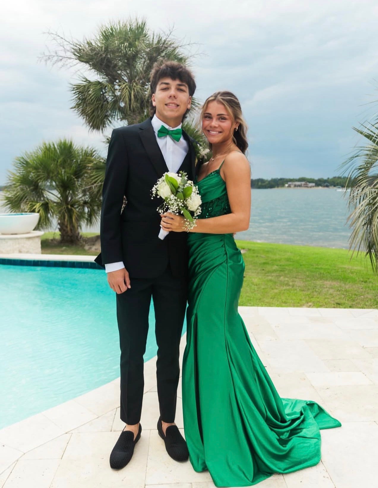 Spaghetti Strap Green Satin Prom Dress With Appliques  J10440
