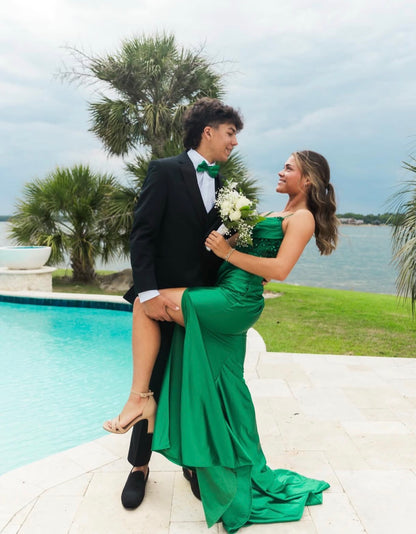 Spaghetti Strap Green Satin Prom Dress With Appliques  J10440