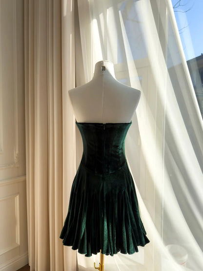 Spaghetti Strap Green Velvet A Line Mini Homecoming Dress  J10284