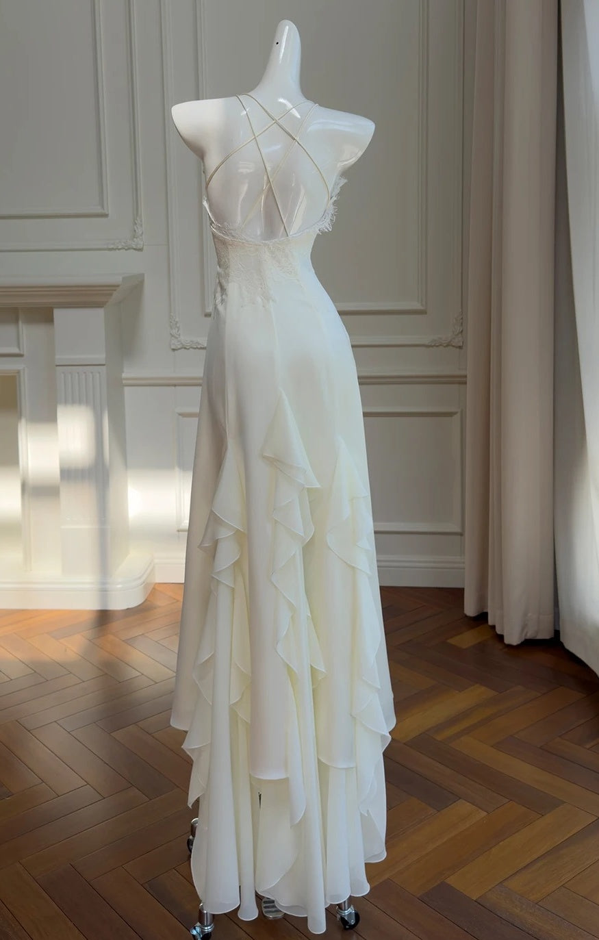 Spaghetti Strap Ivory A Line Wedding Dress Lace Bridal Gown  J10291