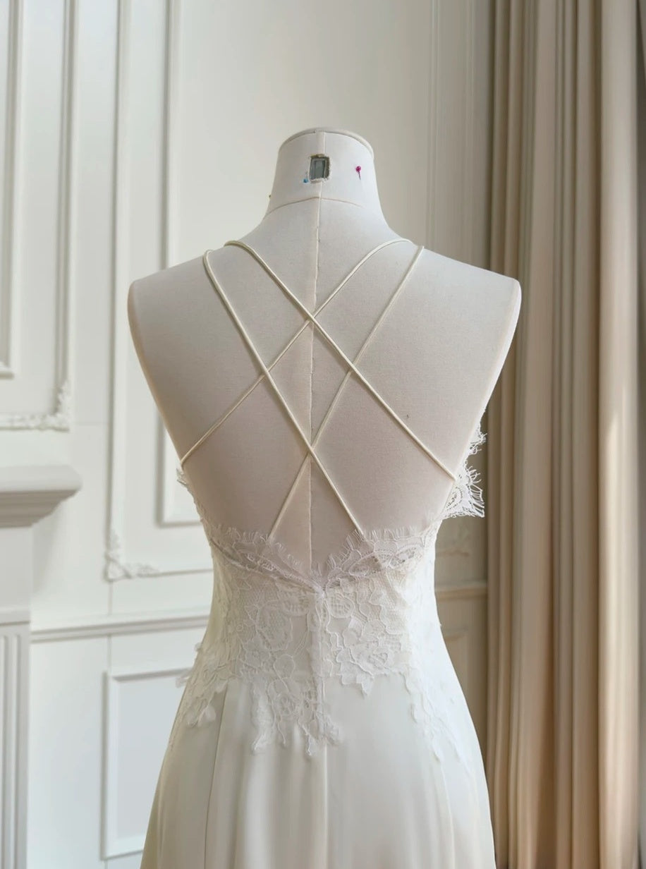 Spaghetti Strap Ivory A Line Wedding Dress Lace Bridal Gown  J10291
