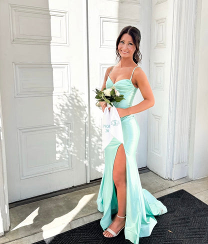 Spaghetti Strap Mermaid Formal Prom Dress With Slit J10020
