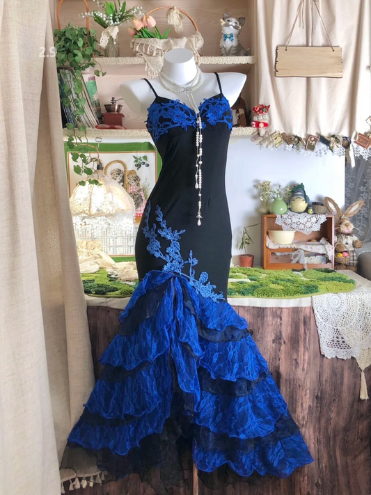 Spaghetti Strap Mermaid Royal Blue Lace Prom Dress Layered Birthday Gown J10227