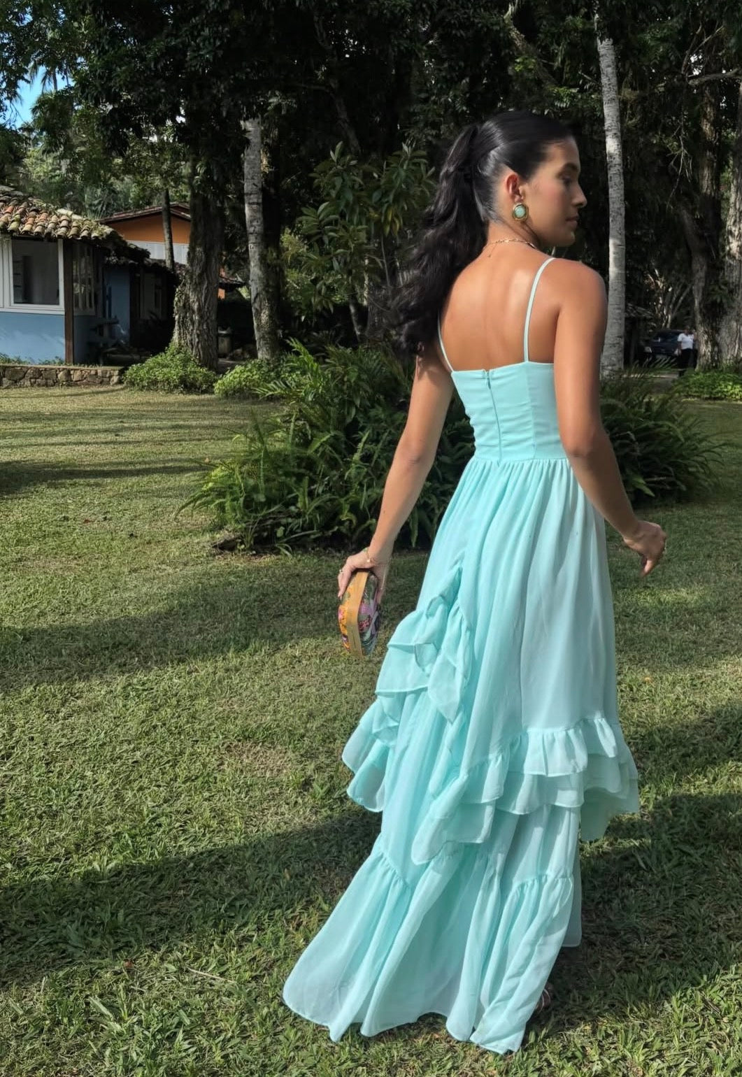 Spaghetti Strap Mint Green Wedding Guest Dress Ruffled Formal Dress  J10040