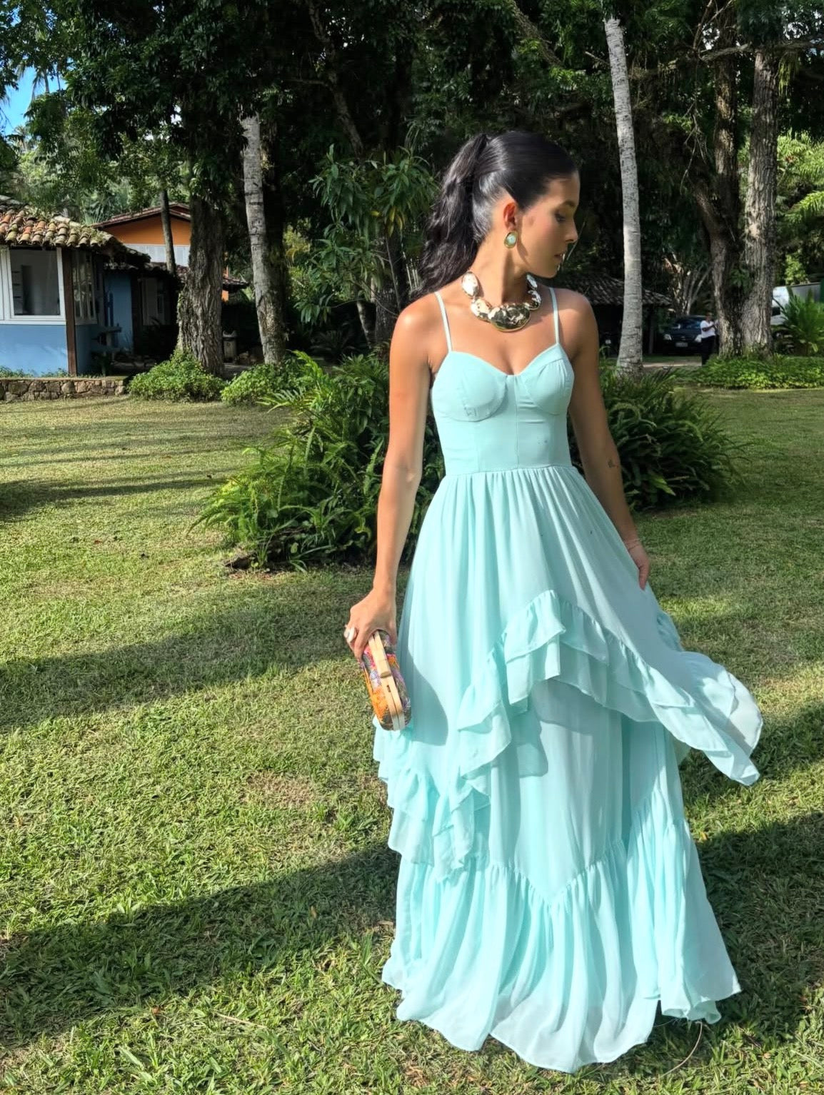 Spaghetti Strap Mint Green Wedding Guest Dress Ruffled Formal Dress  J10040