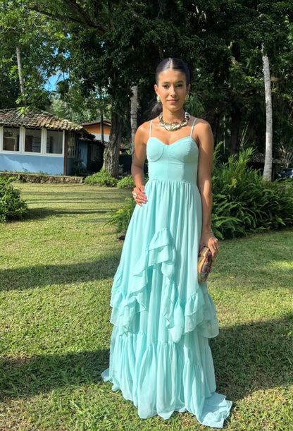 Spaghetti Strap Mint Green Wedding Guest Dress Ruffled Formal Dress  J10040