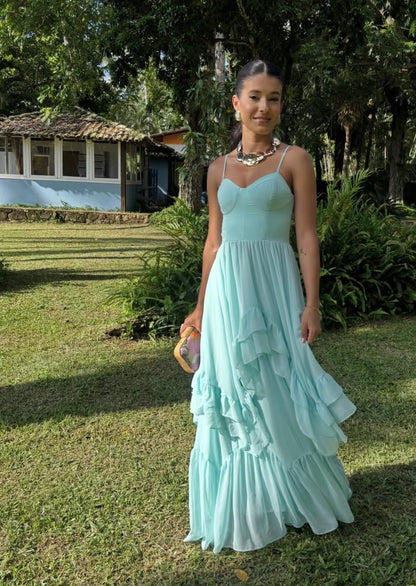 Spaghetti Strap Mint Green Wedding Guest Dress Ruffled Formal Dress  J10040