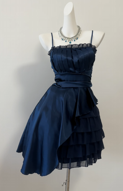 Spaghetti Strap Navy Blue Homecoming Dress Ruffled Birthday Dress  J10567