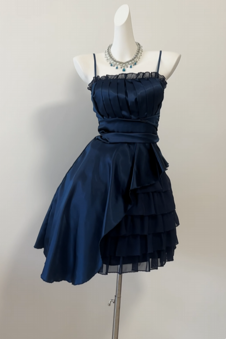 Spaghetti Strap Navy Blue Homecoming Dress Ruffled Birthday Dress  J10567
