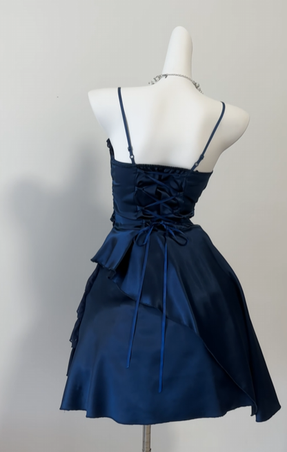 Spaghetti Strap Navy Blue Homecoming Dress Ruffled Birthday Dress  J10567
