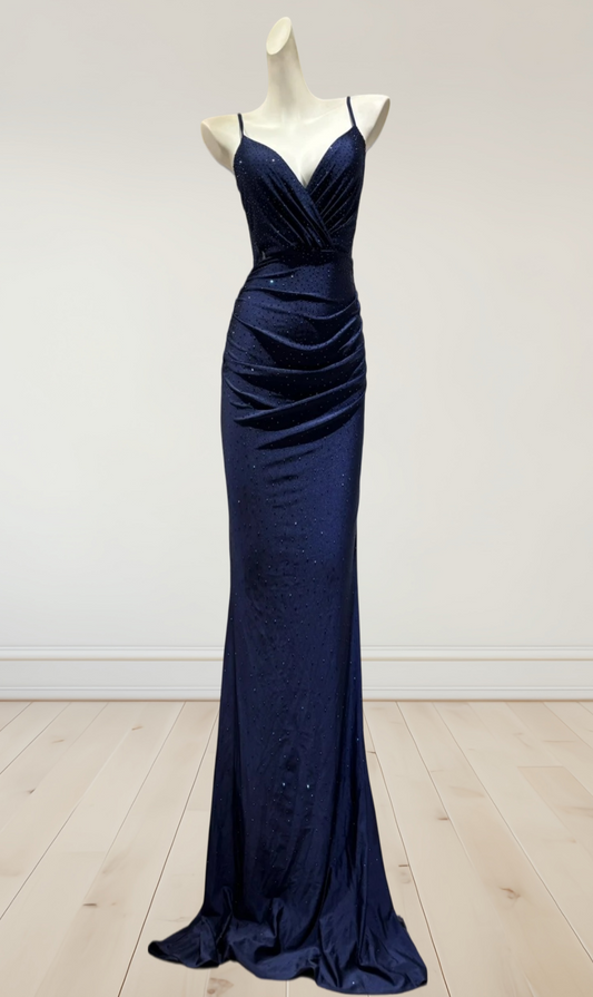 Spaghetti Strap Navy Blue Mermaid Prom Dress Satin Evening Dress  J10332