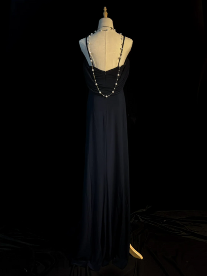 Spaghetti Strap Navy Blue Retro Formal Prom Dress J10162