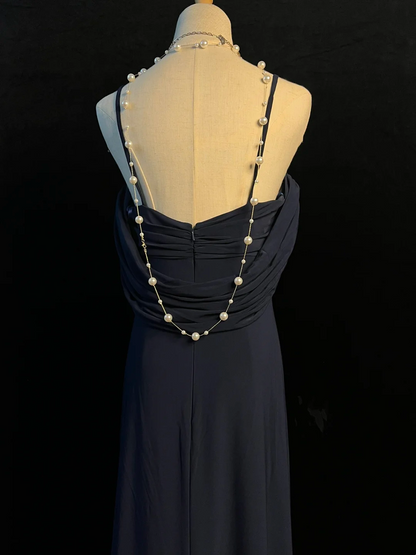 Spaghetti Strap Navy Blue Retro Formal Prom Dress J10162