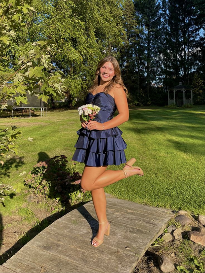 Spaghetti Strap Navy Blue Satin Homecoming Dress  J10480
