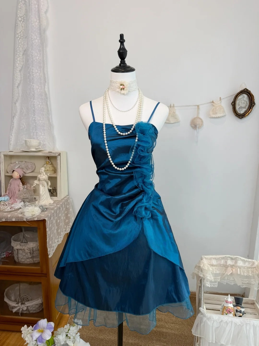 Spaghetti Strap Navy Blue Taffeta A Line Homecoming Dress  J10324