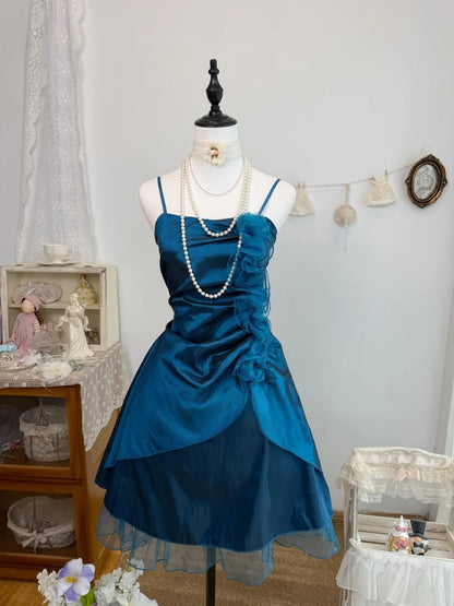 Spaghetti Strap Navy Blue Taffeta A Line Homecoming Dress  J10324
