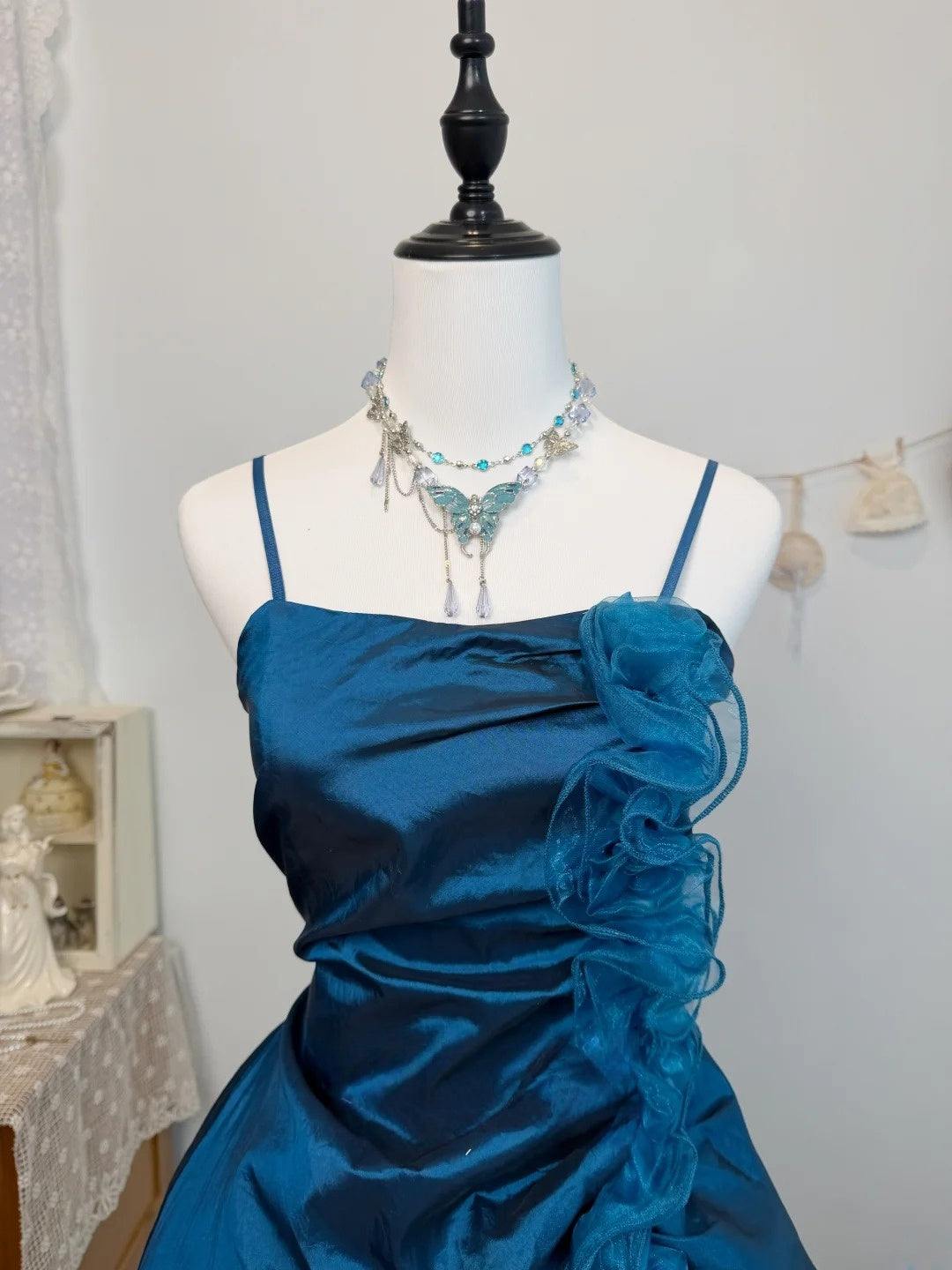 Spaghetti Strap Navy Blue Taffeta A Line Homecoming Dress  J10324