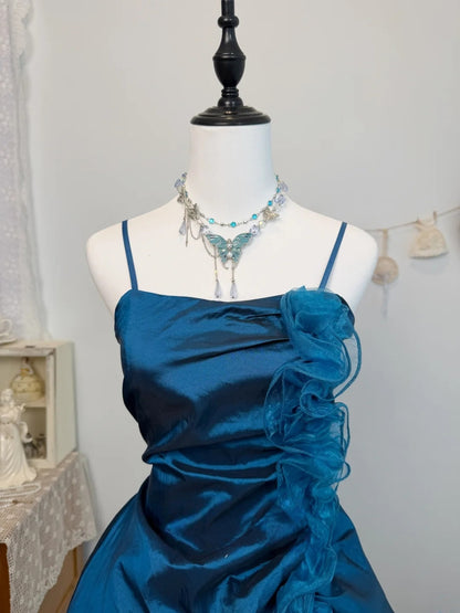 Spaghetti Strap Navy Blue Taffeta A Line Homecoming Dress  J10324