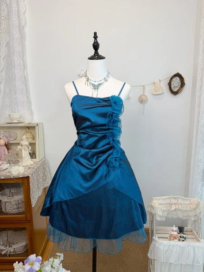 Spaghetti Strap Navy Blue Taffeta A Line Homecoming Dress  J10324