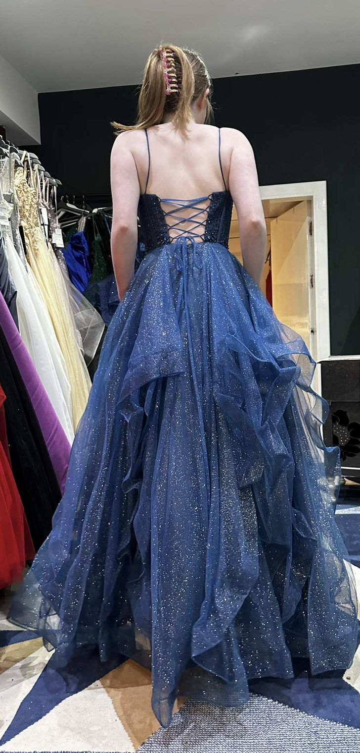 Spaghetti Strap Navy Blue Tulle Prom Dress Sparkle Evening Dress J9985