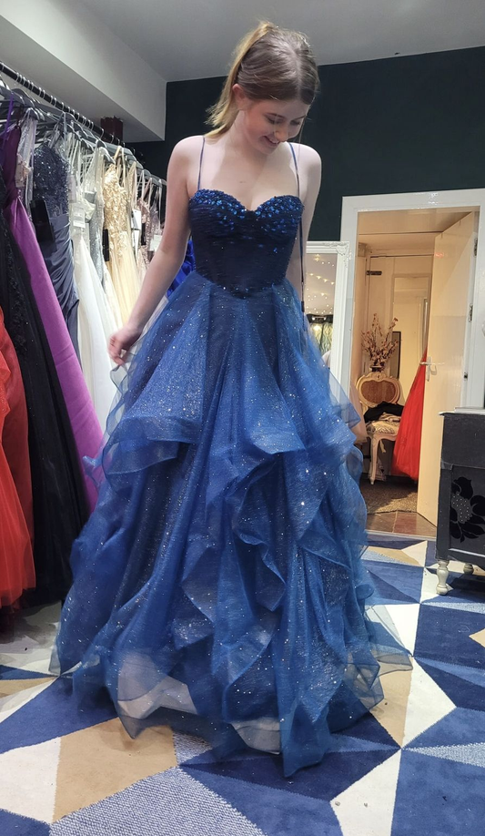 Spaghetti Strap Navy Blue Tulle Prom Dress Sparkle Evening Dress J9985