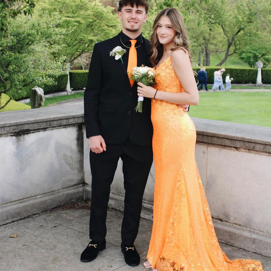 Spaghetti Strap Orange Sequin Prom Dress Mermaid Formal Evening Dress  J10438