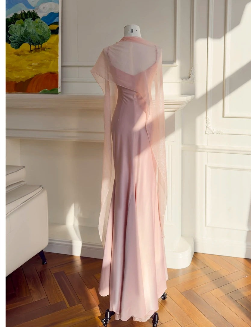 Spaghetti Strap Pink Mermaid Prom Dress Lace Ruffled Evening Dress J10289