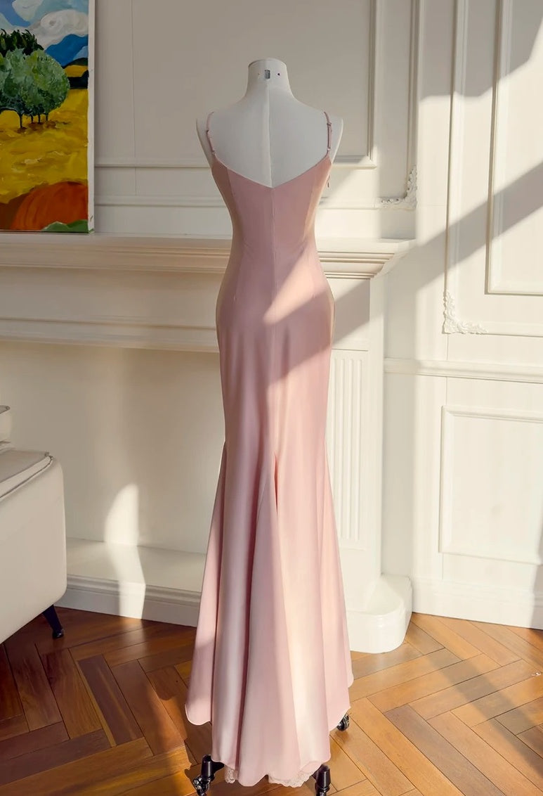 Spaghetti Strap Pink Mermaid Prom Dress Lace Ruffled Evening Dress J10289