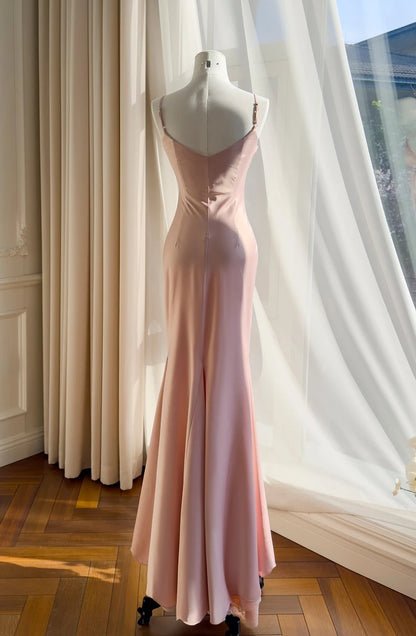 Spaghetti Strap Pink Mermaid Prom Dress Lace Ruffled Evening Dress J10289