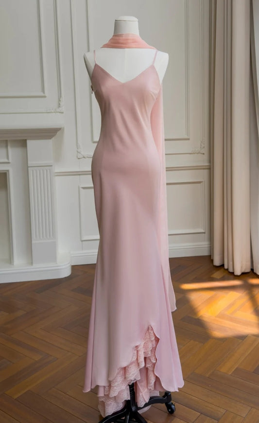 Spaghetti Strap Pink Mermaid Prom Dress Lace Ruffled Evening Dress J10289