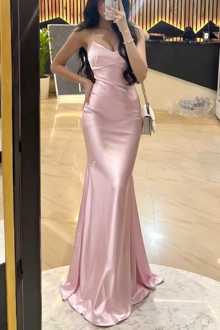 Spaghetti Strap Pink Mermaid Satin Prom Dress Open Back Evening Dress  J10070