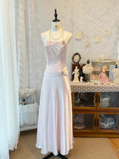 Spaghetti Strap Pink Satin Prom Dress A Line Bridesmaid Dresses  J10595
