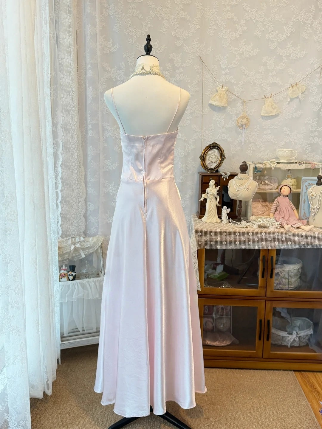 Spaghetti Strap Pink Satin Prom Dress A Line Bridesmaid Dresses  J10595