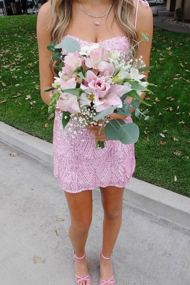 Spaghetti Strap Pink Sequin Sheath Homecoming Dress  J10790