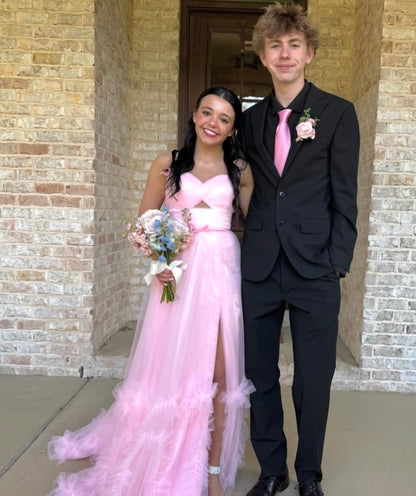 Spaghetti Strap Pink Tulle Prom Dress A Line Ruffled Wedding Guest Dress  J10384