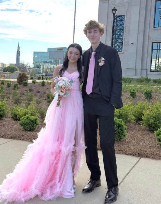 Spaghetti Strap Pink Tulle Prom Dress A Line Ruffled Wedding Guest Dress  J10384