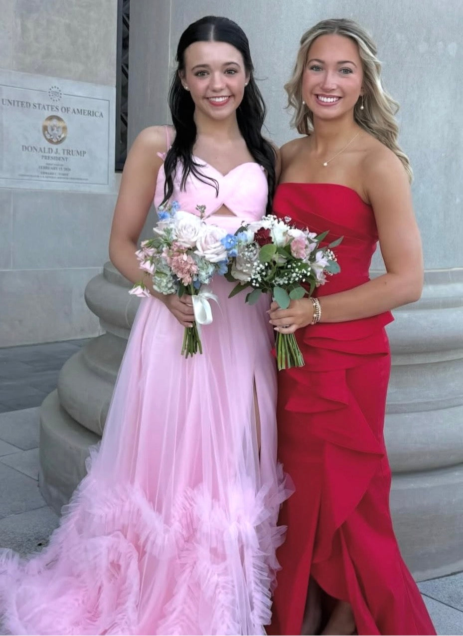 Spaghetti Strap Pink Tulle Prom Dress A Line Ruffled Wedding Guest Dress  J10384
