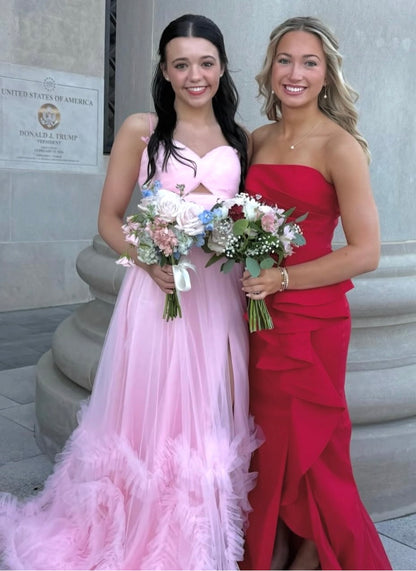 Spaghetti Strap Pink Tulle Prom Dress A Line Ruffled Wedding Guest Dress  J10384