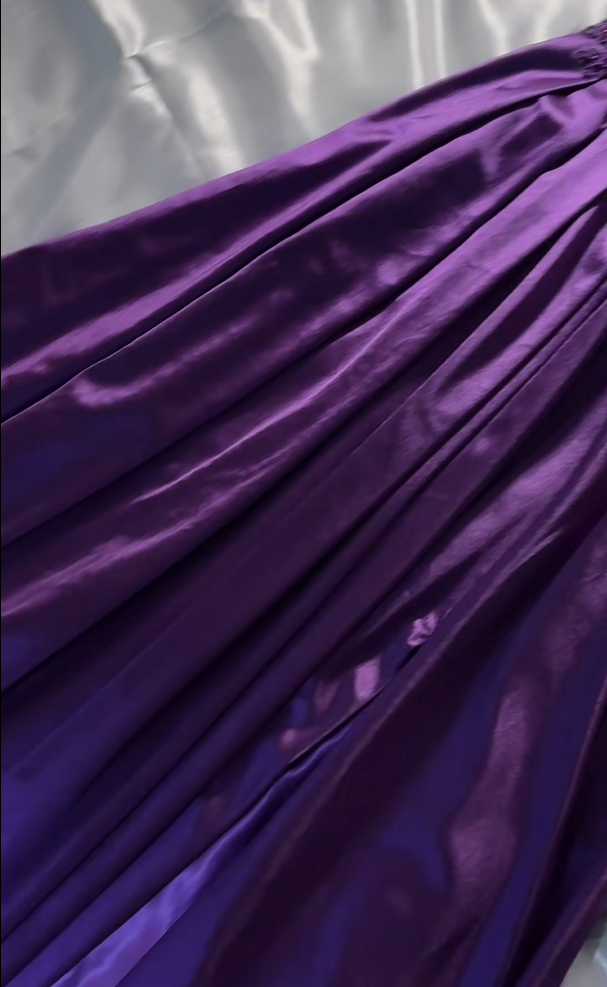 Spaghetti Strap Purple Satin A Line Prom Dress With Appliques  J10121