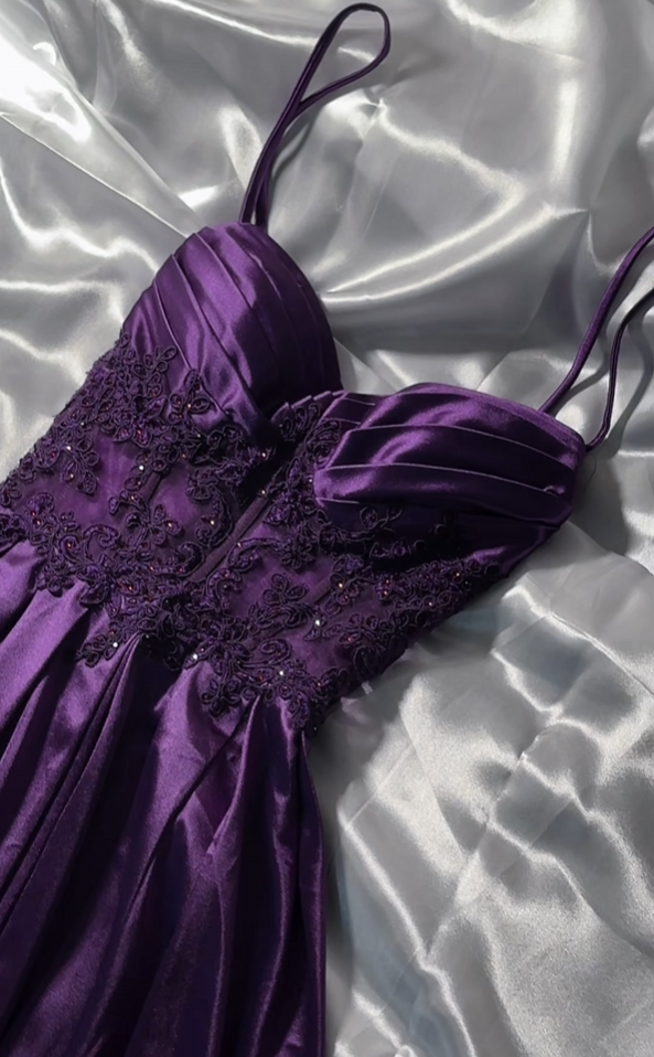 Spaghetti Strap Purple Satin A Line Prom Dress With Appliques  J10121