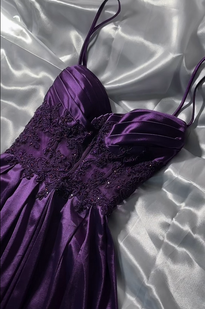 Spaghetti Strap Purple Satin A Line Prom Dress With Appliques  J10121