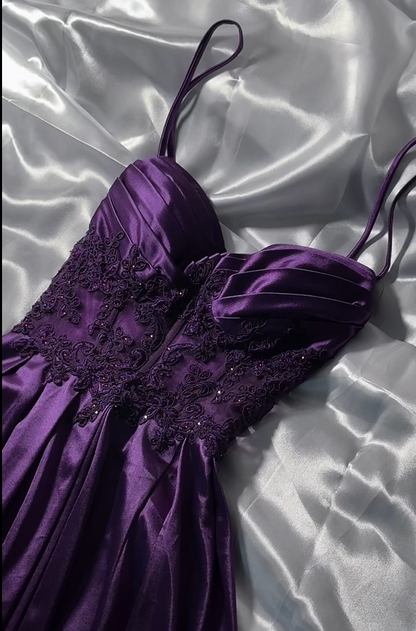Spaghetti Strap Purple Satin A Line Prom Dress With Appliques  J10121
