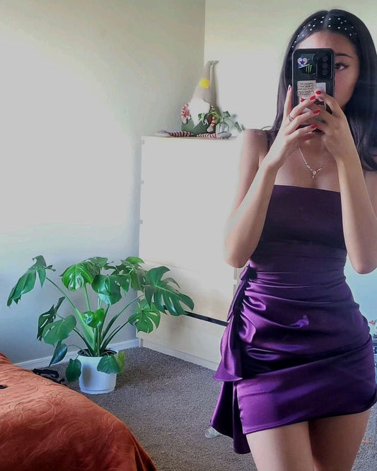 Spaghetti Strap Purple Satin Homecoming Dress  J11051