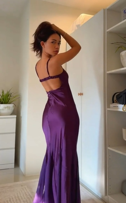 Spaghetti Strap Purple Satin Prom Dress  Wedding Guest Dress  J10204
