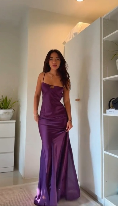 Spaghetti Strap Purple Satin Prom Dress  Wedding Guest Dress  J10204