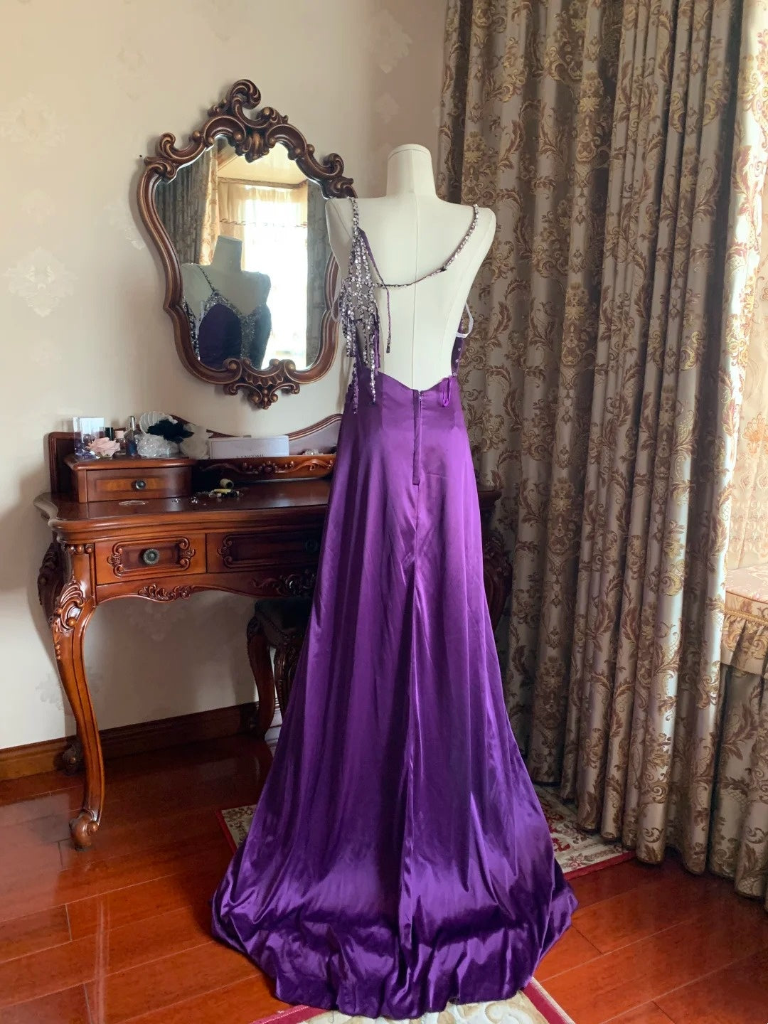 Robe de bal bustier violette en satin avec appliques, robe de soirée formelle J9413