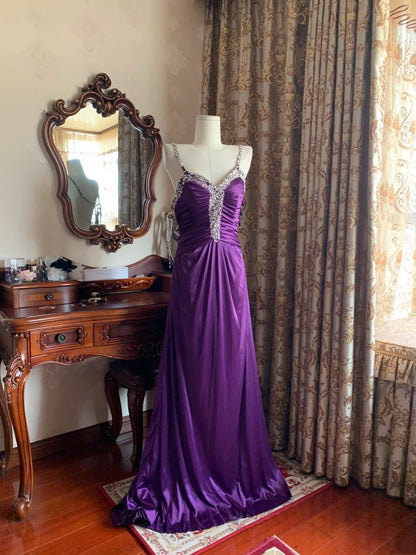 Robe de bal bustier violette en satin avec appliques, robe de soirée formelle J9413