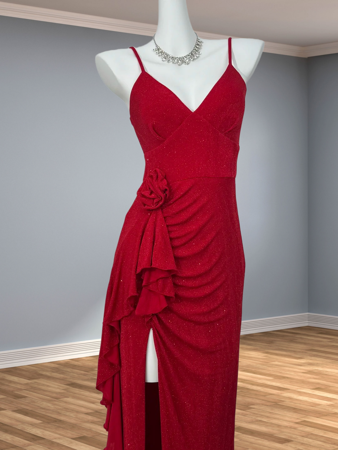 Spaghetti Strap Red Sparkle Formal Prom Dress With Slit  J10350