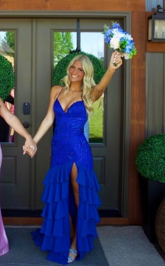 Spaghetti Strap Royal Blue Mermaid Layered Prom Dress With Slit  J10447