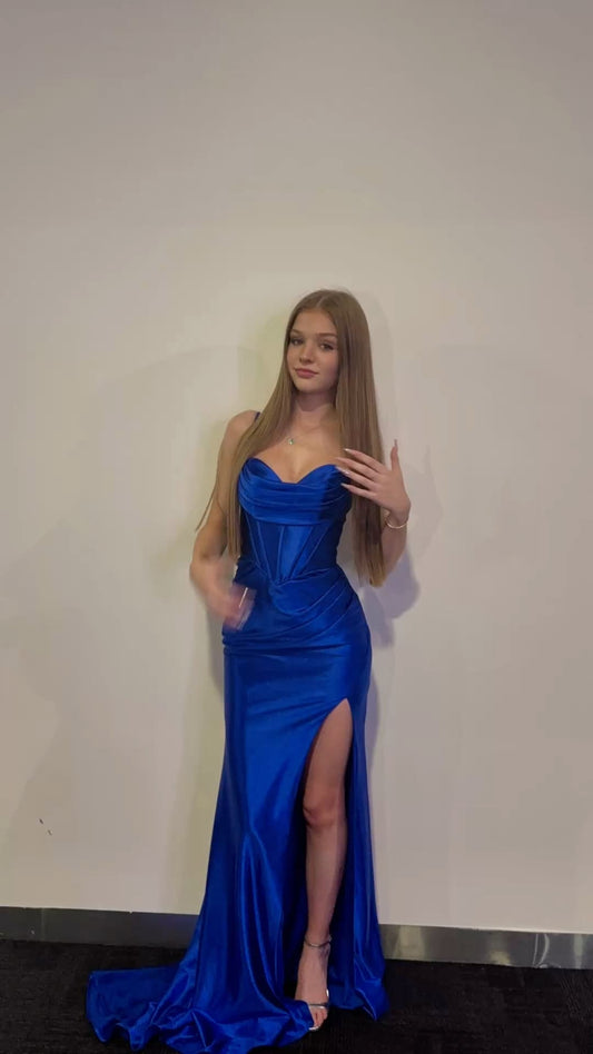 Spaghetti Strap Royal Blue Satin Prom Dress Long Evening Dress  J11055